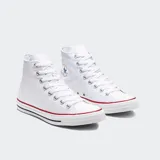Championes Converse Chuck Taylor All Star HI de caña alta, color blanco con detalles en azul y rojo.
