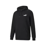 Buzo hoodie Puma Essentials Small Logo negro, de corte clásico, con capucha forrada con cordón ajustable, bolsillo tipo canguro, puños y dobladillo acanalados, y logo Puma estampado en el pecho.