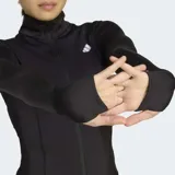 Campera deportiva Adidas Optime Essentials color negro, con cuello alto, cierre frontal completo y logo blanco de la marca en el pecho. Cuenta con mangas largas con aberturas para los pulgares y tecnología Climacool.