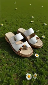 Sandalias de cuero blanco modelo Lena de Carolina De Cunto, con diseño de doble tira, sujeta dedo y detalle de aplique metálico y pintura artesanal multicolor en la tira frontal. Cuenta con base acolchada y suela con textura de yute.