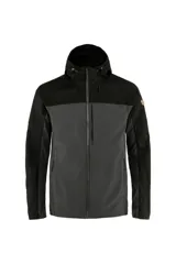 Campera con capucha Fjallraven Abisko Midsummer para hombre, en color gris oscuro y negro. Confeccionada en tejido resistente al viento y al agua, con cierre frontal completo, bolsillos con cierre y capucha ajustable.