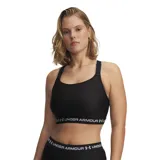 Top deportivo Under Armour Heatgear High Crossback de color negro, con tirantes anchos regulables y banda elástica inferior con el nombre y logotipo de la marca en contraste.