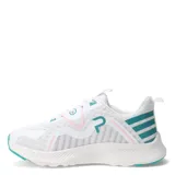Championes deportivos de mujer con diseño de malla transpirable en color gris claro, detalles en violeta y líneas decorativas en fucsia. Cuenta con suela blanca con base violeta y cierre de cordones.