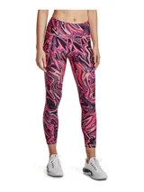 Calza deportiva de tiro alto con diseño estampado de ondas en tonos fucsia, violeta y negro. Cuenta con tecnología HeatGear para absorción de sudor, costuras planas ergonómicas y bolsillo lateral.
