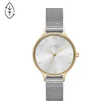 Reloj Skagen modelo Anita Lille con caja redonda dorada de 30mm y esfera plateada con indicadores de hora con cristales. Correa de malla metálica plateada.