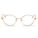 Lentes de lectura con armazón metálico circular en color dorado, con puente nasal ajustable y patillas finas.