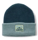Gorro de lana tejido con diseño bicolor, parte superior en azul oscuro y borde doblado en gris claro. Incluye un parche frontal con el logo y el nombre de la marca Columbia.