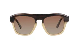 Lentes de sol unisex con marco rectangular de acetato color marrón carey en la parte superior y beige en la inferior, con lentes marrones degradados.