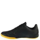 Championes de fútbol sala Topper modelo San Ciro V IN, color negro con suela de goma color caramelo. Presentan un diseño ergonómico con costuras reforzadas en la puntera y el logo de la marca en el lateral.