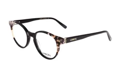 Lentes de receta Lancel con armazón de diseño redondeado. Presentan una combinación de frente en carey y negro con patillas negras que incluyen el logo de la marca en dorado.