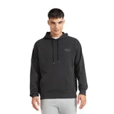 Buzo tipo canguro Quiksilver color negro con efecto lavado, capucha con cordones ajustables, bolsillo frontal tipo canguro y logo pequeño bordado en el pecho.