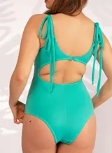 Malla entera color verde agua, confeccionada en lycra con microtul reforzado en la parte delantera.