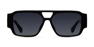 Lentes de sol con diseño oversized de estilo aviador con doble puente y frontal flat-top. Montura negra con lentes polarizadas oscuras.