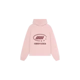 Hoodie oversize de Eme Studios color rosado, con capucha, mangas largas y puños elastizados. Presenta un estampado gráfico frontal en color bordó con el logotipo y estrellas de la marca.
