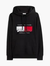 Buzo con capucha y bolsillo canguro Tommy Hilfiger x Cadillac Formula 1 Team, de color negro, corte regular y diseño de algodón con parche gráfico bordado en el pecho.