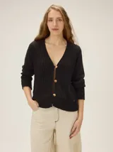 Saco de punto negro con escote en V, cierre frontal de botones en contraste y mangas largas con diseño de tricot texturizado.