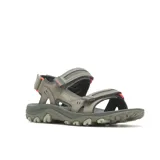Sandalias de senderismo Merrell Huntington Sport para hombre, color gris con detalles en naranja. Confeccionadas en material sintético resistente al agua, con sistema de ajuste de velcro en la parte superior y trasera. Suela de goma con tecnología Merrell Air Cushion para mayor amortiguación y estabilidad.
