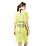 Kimono de playa calado tipo red color amarillo flúor, con cordón ajustable en la cintura y borlas decorativas.