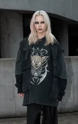 Remera de algodón color negro con efecto lavado, corte oversize y estampa frontal de un chihuahua con estética gótica y calavera.