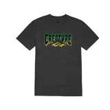 Remera negra de manga corta con estampado frontal del logo de Creature en verde y amarillo sobre una telaraña.
