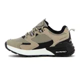 Champión deportivo de estilo retro, color beige y negro, con detalles en blanco en la suela. Presenta una capellada mixta de malla y gamuza sintética, y un logo lateral estilizado. La suela tiene tecnología MAXPROTECT.