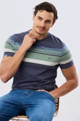 Remera de manga corta con cuello redondo, de color verde militar con franjas horizontales en tonos azules, celestes y blancos en la parte superior del pecho.