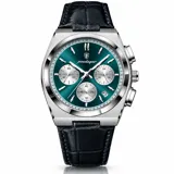 Reloj cronógrafo Poedagar 970 Huston Blue con caja de acero inoxidable, esfera de color verde azulado con subesferas plateadas, indicador de fecha y correa de cuero negro con textura de cocodrilo.
