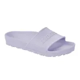 Sandalia tipo slide Birkenstock modelo Barbados, confeccionada en material EVA ligero y flexible. Presenta una banda ancha con textura hexagonal y el logo de la marca en relieve, con plantilla anatómica.