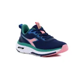 Championes deportivos Diadora modelo Moon, color azul marino con detalles en rosa, verde menta y blanco. Presentan una capellada de malla transpirable y una suela gruesa con capas de amortiguación en blanco, verde y rosa.