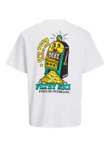 Remera de manga corta y cuello redondo con calce holgado. Presenta un diseño estampado en la espalda con motivos de máquina tragamonedas y texto, con acabado en goma.