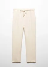 Pantalon de lino color beige, con diseño crop y corte jogger. Cuenta con cintura elástica con lazo ajustable, bolsillos laterales y bolsillos de ribete en la parte posterior.