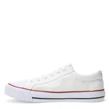 Championes urbanos Topper modelo Wagon, de corte bajo, confeccionados en lona blanca con puntera de goma reforzada. Presentan el logo de la marca en el lateral y suela de goma con detalle de líneas en rojo y negro.