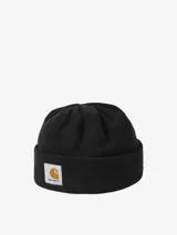 Gorro tipo beanie de Carhartt confeccionado en tejido polar negro, con borde doblado y etiqueta con el logo de la marca en el frente.