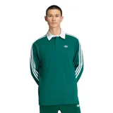 Remera polo de manga larga Adidas en color verde, con cuello y solapa de botones en contraste blanco, y las clásicas tres tiras blancas en las mangas.