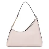 Cartera tipo hobo Guess modelo Eileen, color rosa, con diseño asimétrico, cierre superior y detalle de cadena metálica en uno de los laterales de la correa.