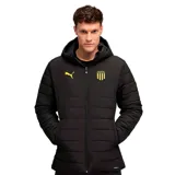 Campera acolchada Puma del Club Atlético Peñarol, color negro con capucha. Presenta cierre frontal completo, logo de la marca en amarillo en el pecho derecho y escudo del club en el pecho izquierdo.
