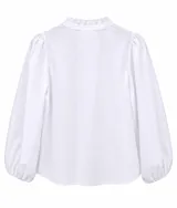 Camisa celeste de mangas largas abullonadas con puños elásticos y detalles de volados frontales.