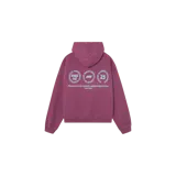 Hoodie oversized color bordó con capucha, mangas largas y puños y dobladillo de rib. Presenta estampas circulares y texto en la parte trasera.