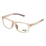 Armazón de anteojos MDQ modelo T44, con marco rectangular de acetato en color habano translúcido y patillas con terminales de goma en tono gris.