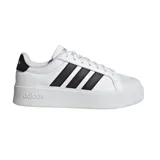 Championes Adidas de plataforma con diseño inspirado en el tenis clásico. Presentan un exterior de cuero sintético blanco con las icónicas tres tiras laterales en negro y detalle en el talón del mismo color. Cuentan con una suela de plataforma robusta y cómoda.