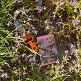 Billetera Thread con estampado de camuflaje de ramas y hojas en tonos marrones, verdes y grises. Tiene un elástico para sujetar las tarjetas y un aro de goma naranja para colgar llaves.