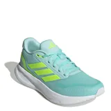 Championes de running Adidas modelo Runfalcon 5, con tecnología Cloudfoam en la entresuela para mayor amortiguación. Presentan un diseño en color verde agua con detalles en amarillo neón en los laterales y logo de la marca.