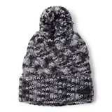 Gorro de lana tejido con diseño de ochos en tonos gris, negro y blanco, con pompón superior y vuelta en el borde. Cuenta con forro interior de polar y etiqueta de la marca en el frente.