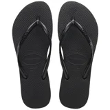 Chancletas Havaianas modelo Slim de color negro, con diseño clásico de tiras finas y suela de goma con textura de grano de arroz.