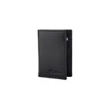 Tarjetero doble de cuero negro con logo de la marca en la esquina inferior derecha.