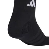 Medias soquetes Adidas de color negro con amortiguación y diseño al tobillo. Incluyen tres pares por paquete, con el logo clásico de la marca en la parte superior y líneas horizontales en el empeine.