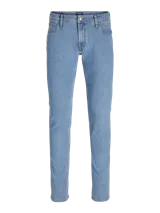 Jean slim fit de tiro medio y diseño clásico de cinco bolsillos, en tono azul claro. Confeccionado en mezcla de algodón, poliéster, lyocell, viscosa y elastano, ofrece un calce ajustado y flexible.