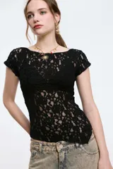 Top de encaje color blanco con diseño translúcido, escote redondo y mangas cortas, con corte ajustado al cuerpo y dobladillo inferior asimétrico en pico.