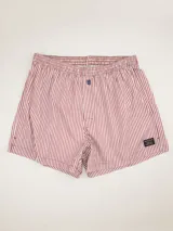 Boxer de algodón a rayas verticales color borgoña y blanco, con cintura elástica y logo bordado.