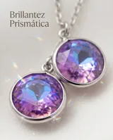 Collar de acero con cadena fina y siete dijes colgantes redondos de cristal facetado en tonos violeta tornasolado.